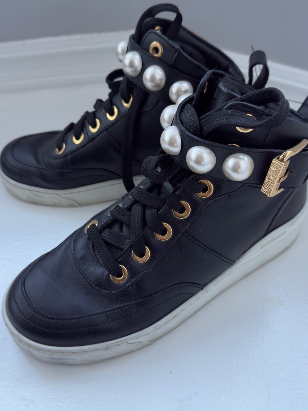 Moschino Pearl High Top Leather Sneakers black & gold EU 36 made in Italt - Picture 2 of 15